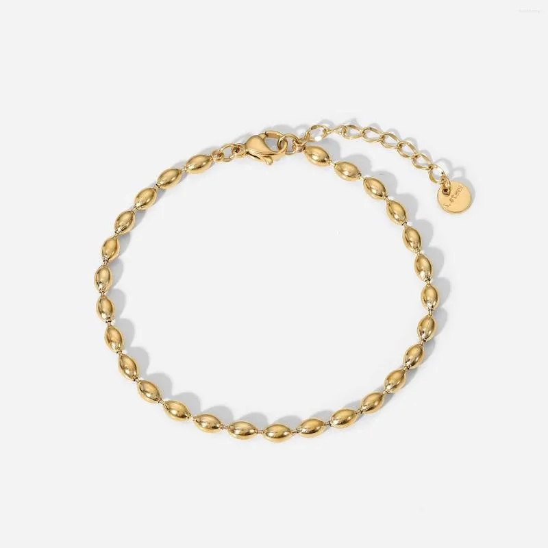 Strand 1PC Dainty14K Gold Color Bracelets Stainless Steel Metal Oval Beaded Chains Bracelet For Women Girls Party Jewelry 17cm Long