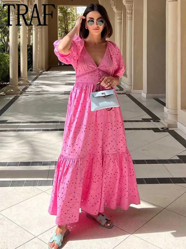 Party Dresses Traf Pink Brodery Dress Woman Cutwork Long Dress Women Short Puff Sleeve Midi Dresses For Women 2022 Summer Female Dress T220930