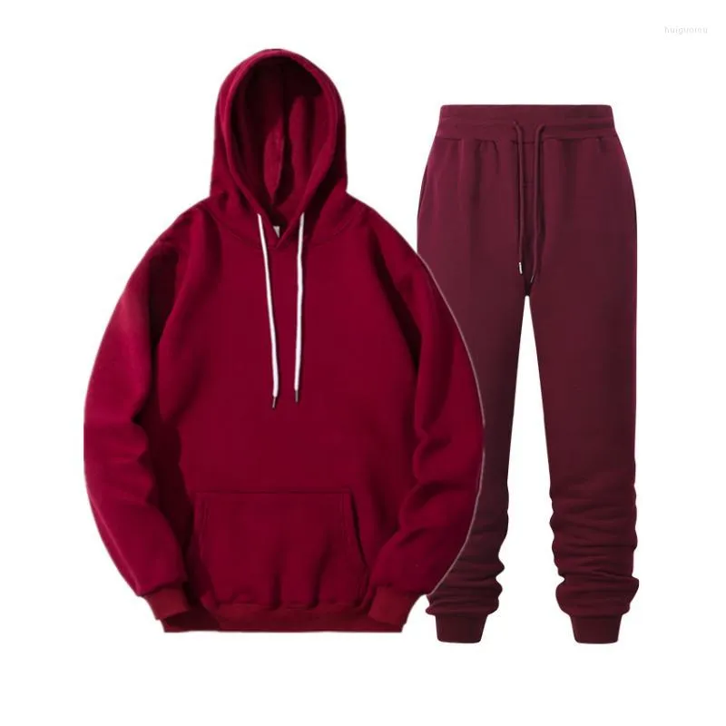 Men's Tracksuits Men's Men Hoodies Sweatshirts Sets Hip Hop Solid Color Fleece Warm Threaded Cuffs Elasticity Fashion Wine Red