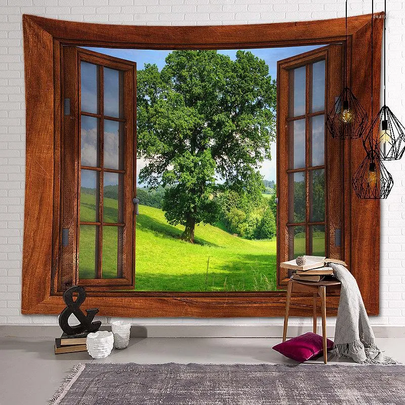 Tapisseries paysage tapisserie arbre trou fenêtre beau paysage mur tissu vert forêt fond peinture décor