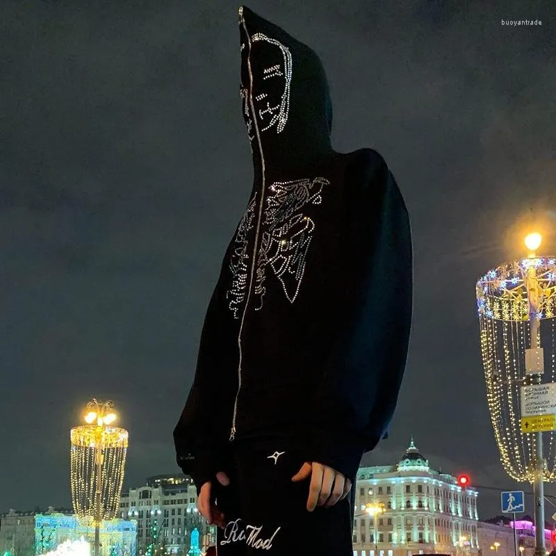 Heren Hoodies Rhinestone Skull voor vrouwen Men Gotisch Zwart Zip Operized Sweatshirts Y2K Retro Harajuku Hapleed Jacket Streetwear