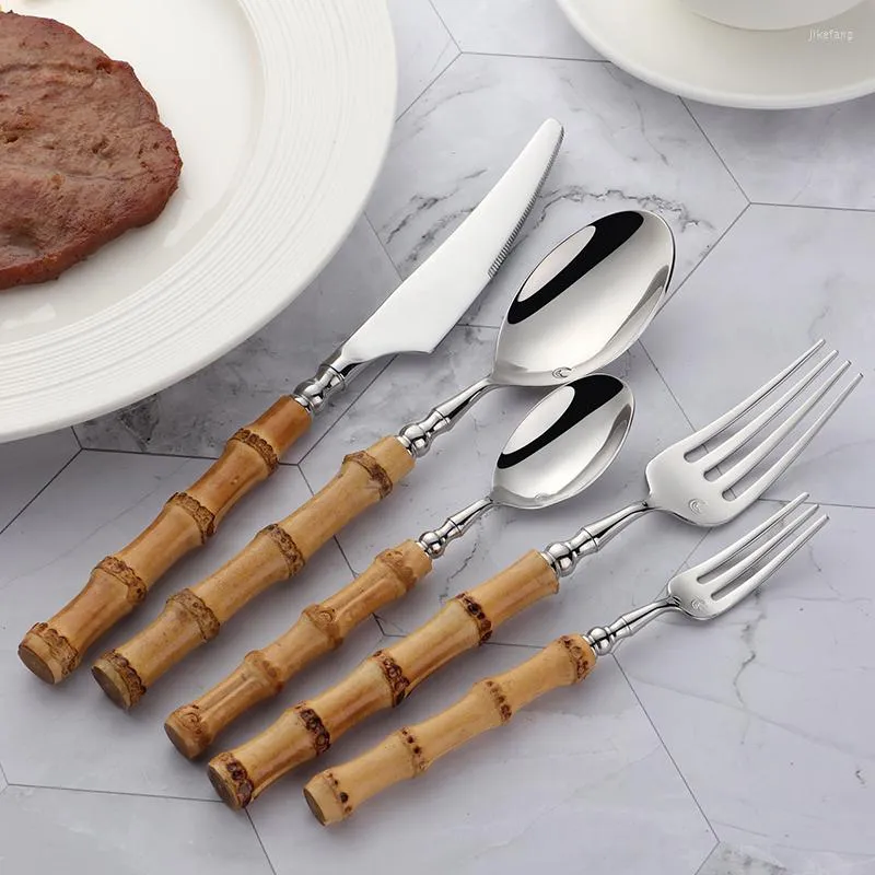 Dinnerware Sets 5/10/15/20pcs Kitchen Cutlery Set Natural Bamboo Handle Knife Fork Flatware Couverts De Table