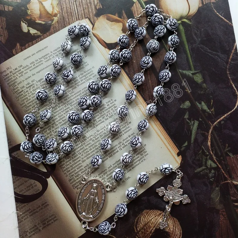 Noir Rose Croix Chapelet Collier Perles En Plastique Long Catholique Religieux Femmes Hommes Bijoux