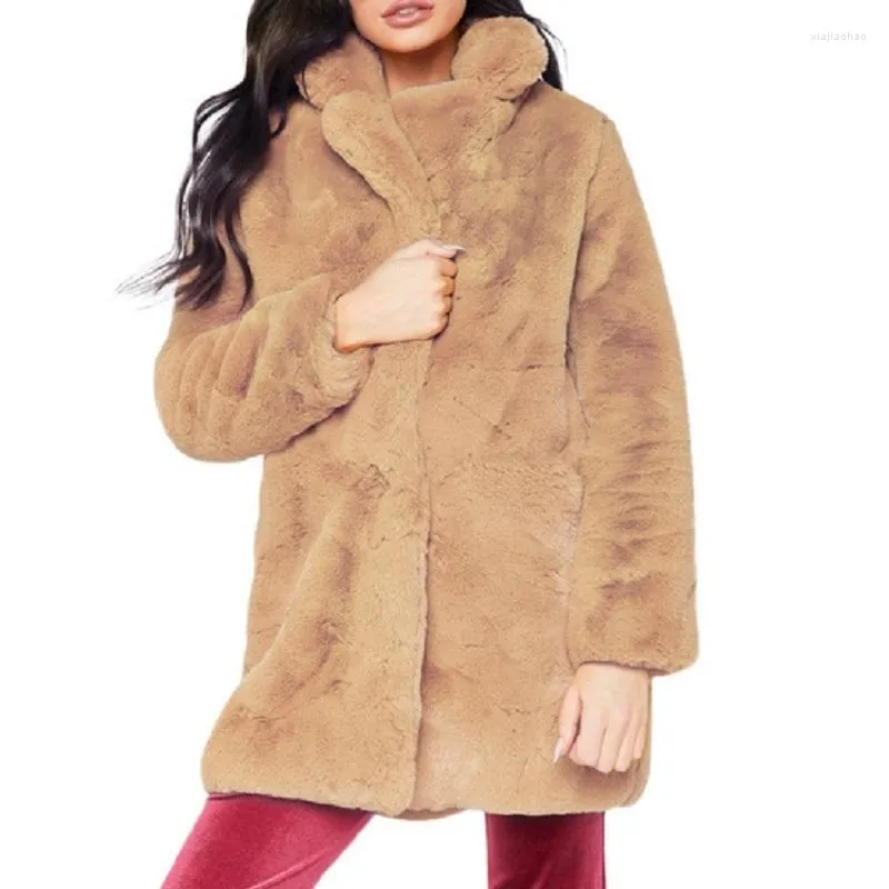 Kvinnors päls kvinnor Autumn Spring Fluffy Plush Faux Coat Casual Long Sleeve Turn-Down Colle Pockets Jacket Outwear 3x