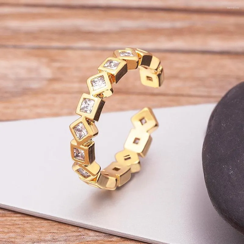 Wedding Rings AIBEF Fashion Geometric Female Copper Zircon Simple Personality Gold Open Adjustable Ring Cube Accessories Connected Jewelry