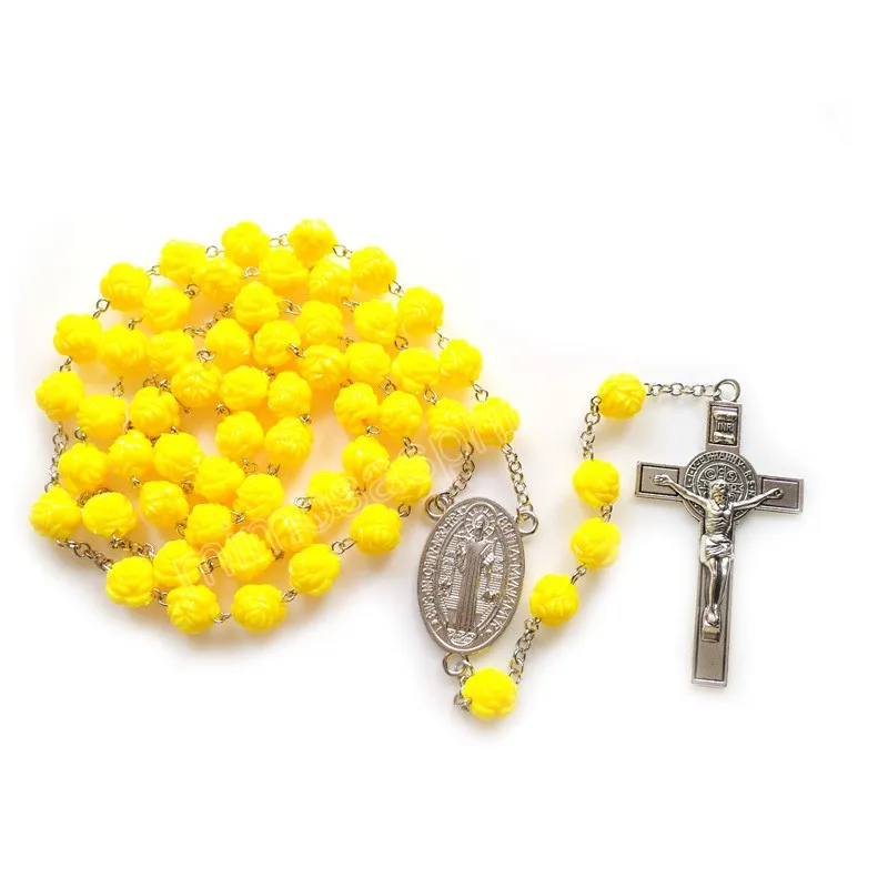 Rose en plastique chapelet collier jaune rose Long jésus croix pendentif catholique bijoux pour hommes femmes