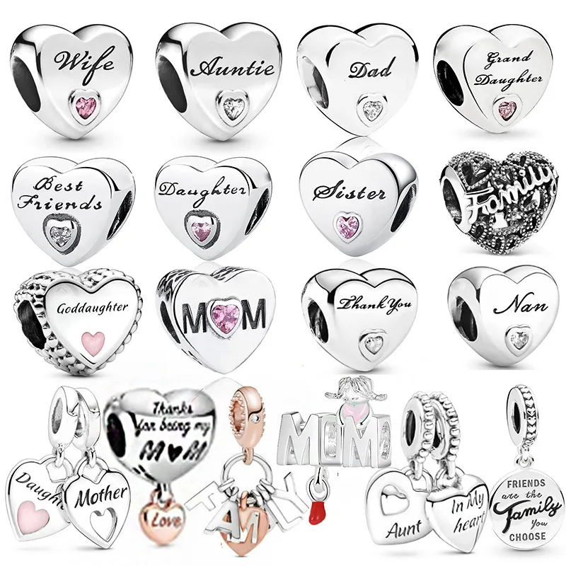 Fashion Heart Shape Charm Eternal Love Mom Pave Shiny Pendant Beads Fit Original Pandora Charms Silver Color Bracelets DIY Jewelry