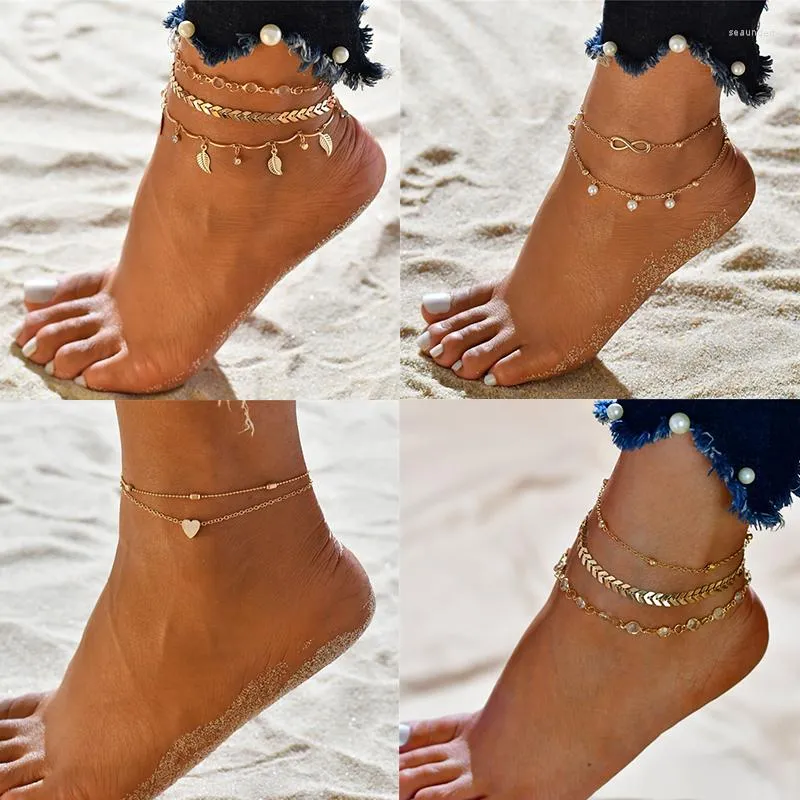 Bracelets de cheville Modyle 3 pièces/ensemble Simple coeur femme pieds nus Crochet sandales pied bijoux jambe sur Bracelets pour femme