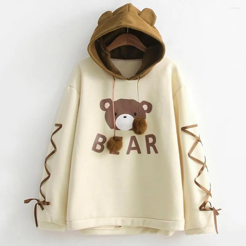 Bustiers & Corsets Bear Cute Hoodie Sweatshirts Women Wear A Cap Top Cartoon Long Sleeve Ribbon Hair Ball Pullover Mujer De Moda