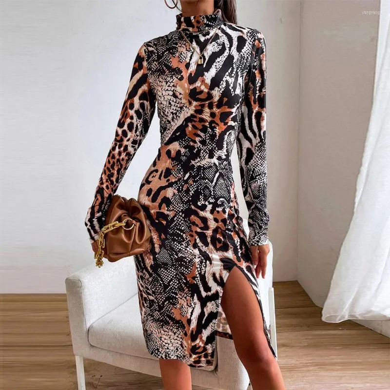 Casual Dresses Women Sexig Design Animal Texture Print Midi Dress 2022 Spring Autumn Leopard l￥nga ￤rmar