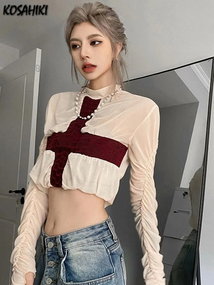 Women S Tirt Kosahiki Goth Cross Print Long Sleeve Sun Protect Mesh tird female sexy see من خلال القمصان t harajuku y2k المحصول العلوي الشارع 220930