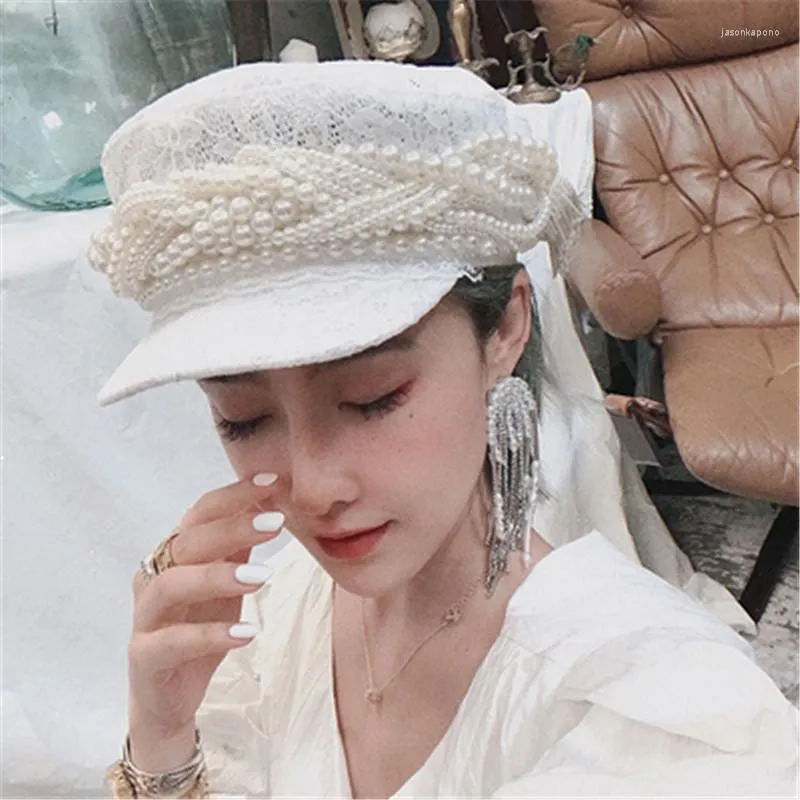 Berets 202204-jj Chic Drop Pearl Chain Flowers Beaded Tassel Designer Style White Lace Lady Octagonal Hat Women Visors Cap