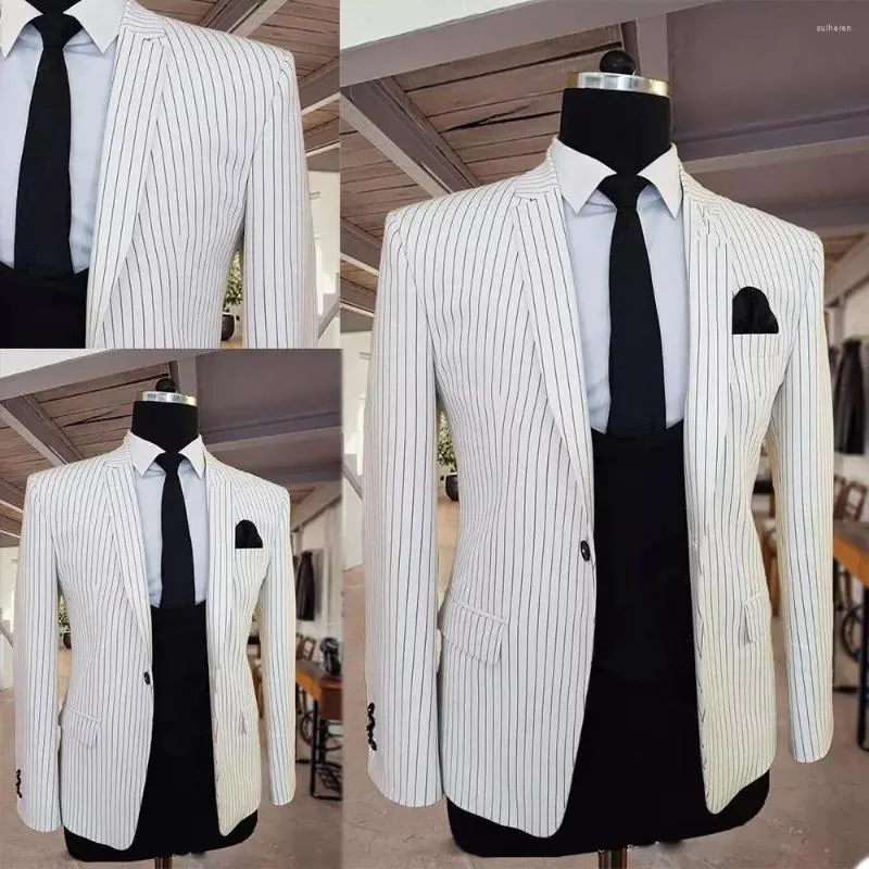 Costumes pour hommes 2022 mode blanc rayé Blazer hommes Costume Slim Fit vêtements de Mariage affaires formel marié smoking pour Costume Mariage Homme