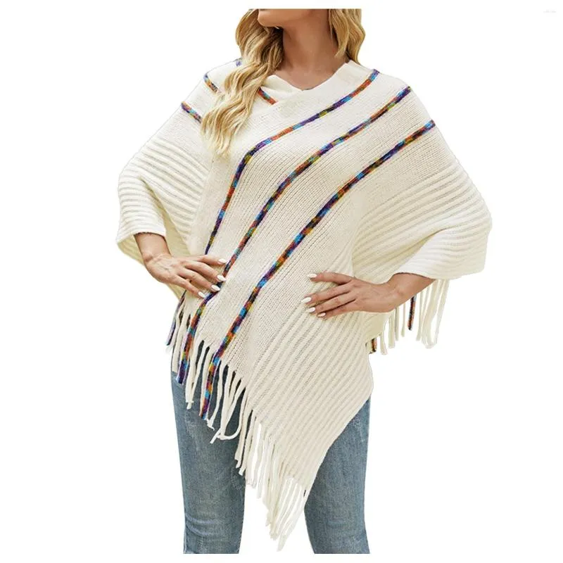 Women's Sweaters Shawls With Top Neck Sweater Stripe Sides Wraps Knitted Capes O And Patterns Fringed Pullover Womens Women Casual Tunic