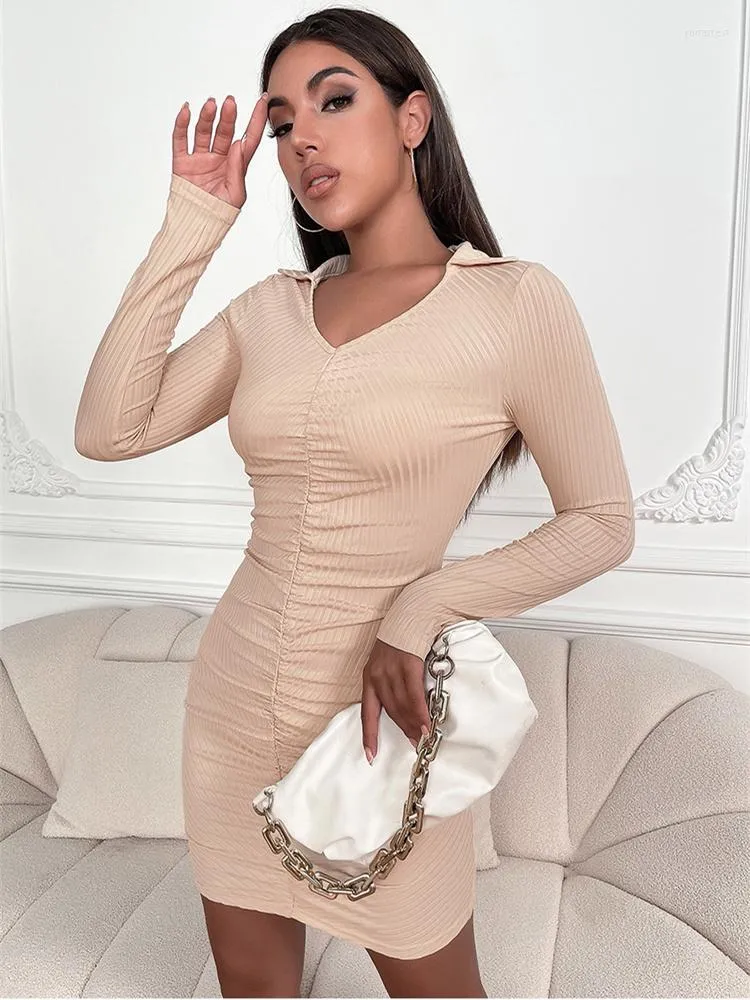 Casual Dresses Aualay Fall Street Apricot Ribbbed For Women 2022 V Neck Long Sleeve Dress Club Outfit Pleated Wrap Mini Female