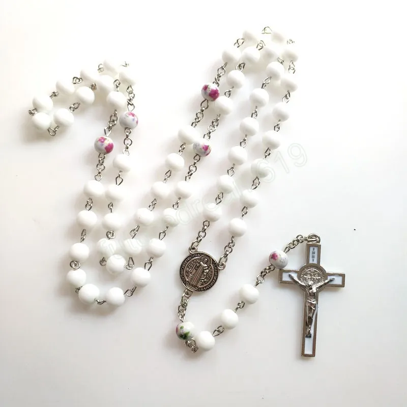 Weißer Glas-Rosenkranz mit Jesus-Kreuz-Anhänger-Halskette, religiöser Damen- und Herrenschmuck