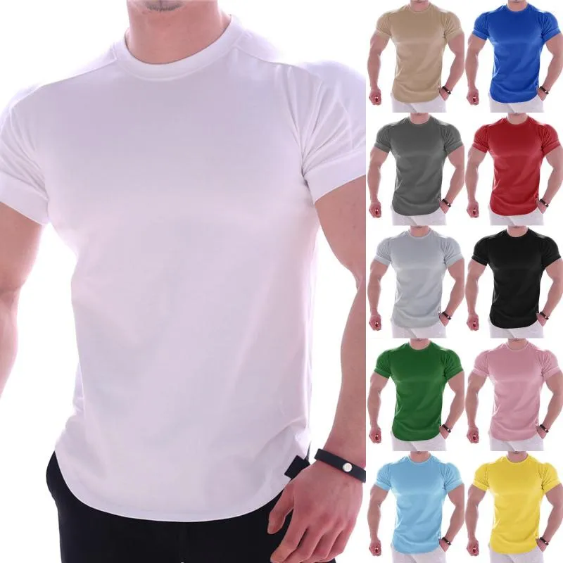 Men's T Shirts Summer Mens Solid T-Shirts Fitness Short-sleeved Basic Tops 2022 Casual Tees Quick Dry T-shirt Stretch Training Clothes A50