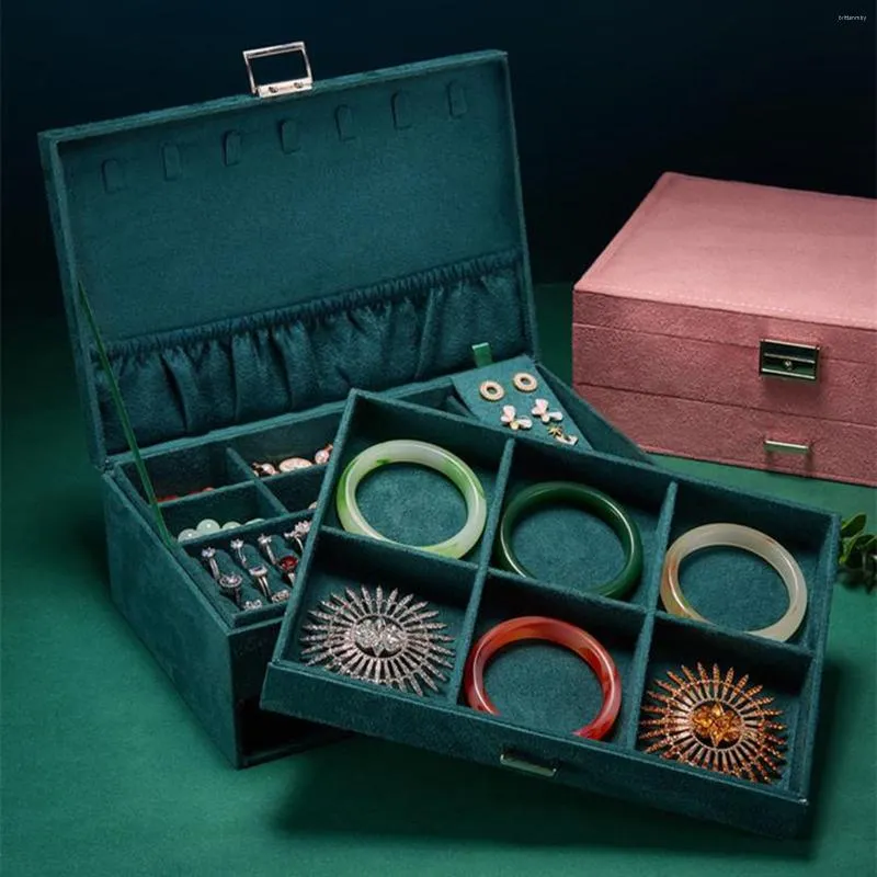 Jewelry Pouches Velvet Green Stud Organizer Retro Style Ring Necklace Makeup Storage Box Cases Watch With Lock Gift