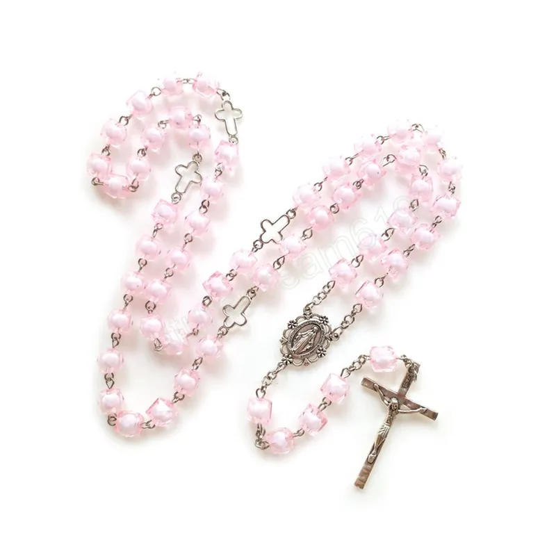 Pink Square Rosary Hollow Cross Pendant Long Beaded Chain Necklaces For Men Women