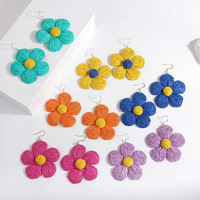 Dange oorbellen aensoa handgemaakte rattan raffia gebreide bloemendruppel voor vrouwen bohemia kleurrijke grote bloemen zomer sieraden