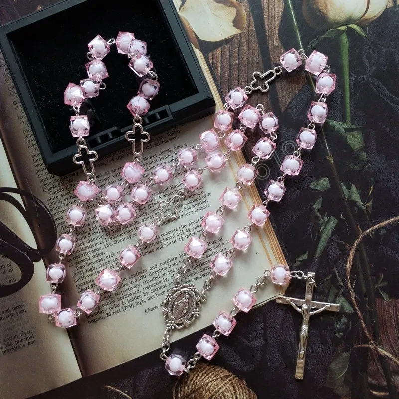 Pink Square Rosary Hollow Cross Pendant Long Beaded Chain Necklaces For Men Women