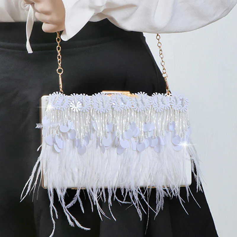 Clutch Bags Purse New Sweet Lady Small Square handBag Feather Tassel Dress HandBag One Shoulder White Dinner Bag 220920