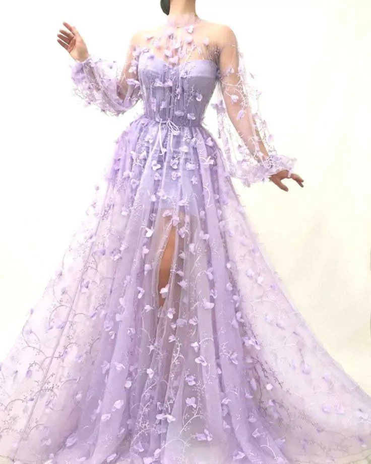 Party Dresses Women's Fashion 3D Flower Embroidered Mesh Tulle Dress Party Night Nightclub Purple Gaze Evening Prom Dress Female See Through T220930