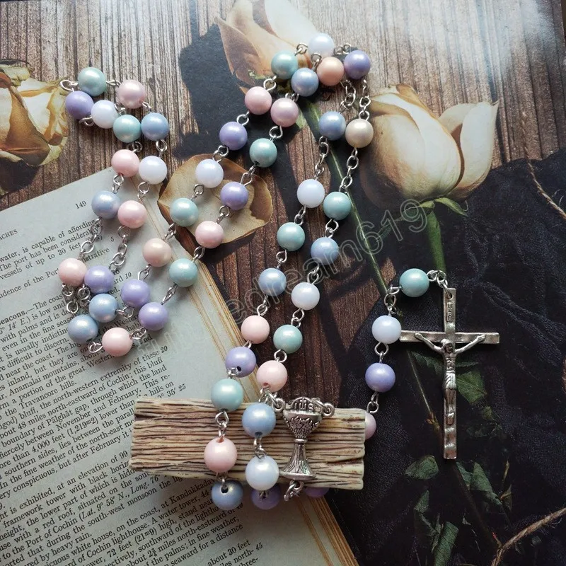 Canday – collier chapelet en acrylique couleur, pendentif croix, long, bijoux religieux pour femmes et hommes