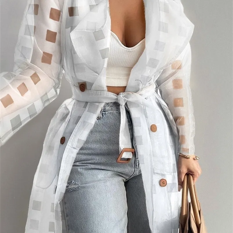 Women's Jackets Fashion Women See Through Outdoor Tops Lace Up Spring Solid Sheer Mesh Long Sleeve Buttoned Coat With Belt Elegant Shirts 220930