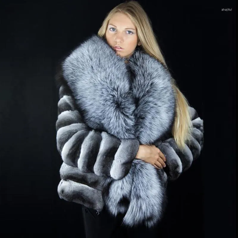 Damesbont dames faux fursarcar 2022 mode chinchilla jas natuurlijke rex jas met grote zilveren kraag dikke warme winter
