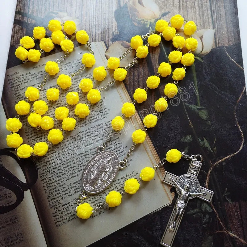 Rose en plastique chapelet collier jaune rose Long jésus croix pendentif catholique bijoux pour hommes femmes