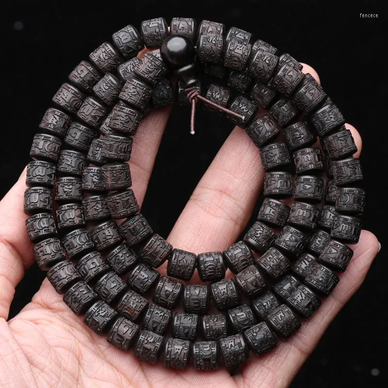 Boncuklar Doğal Ebony Tibet Budist Dua Tekerleği Altı Karakter Mantra 8mmx8mm 108 Mala Kolye