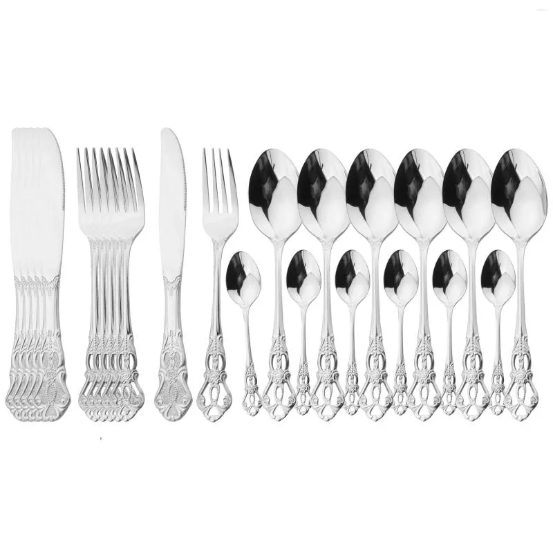 Conjuntos de talheres de 24pcs Conjunto de talheres vintage Silver Silver Aço inoxidável Faca Dinner Lawardware Western Kitchen Tableware