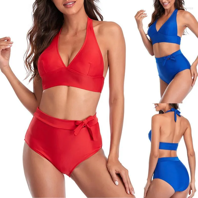 Kvinnors badkläder Kvinnors höga midja Bikinis 2022 Bandage Kvinnor Push Up Baddräkter Solid Brasilian Bikini Ribbed Biquini Strap Swim