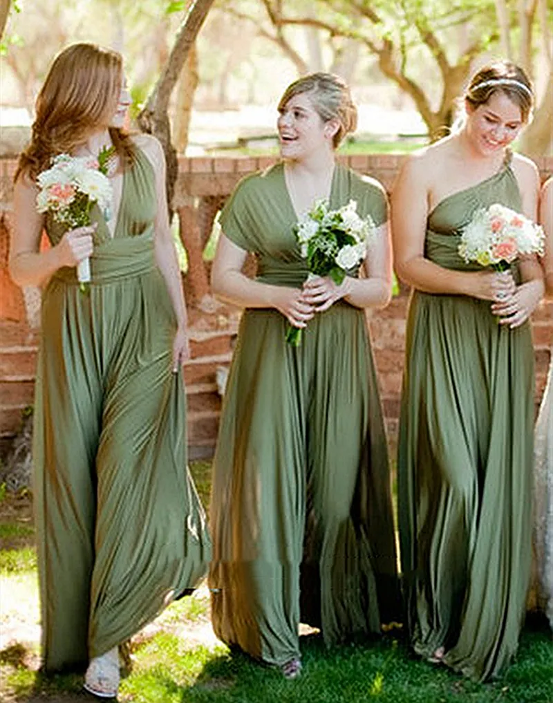 Dönüştürülebilir ülke nedime elbise açık ve şerit kravat a-line zeytin yeşili bahçe plaj düğün konuk resmi elbiseler taban uzunluğu