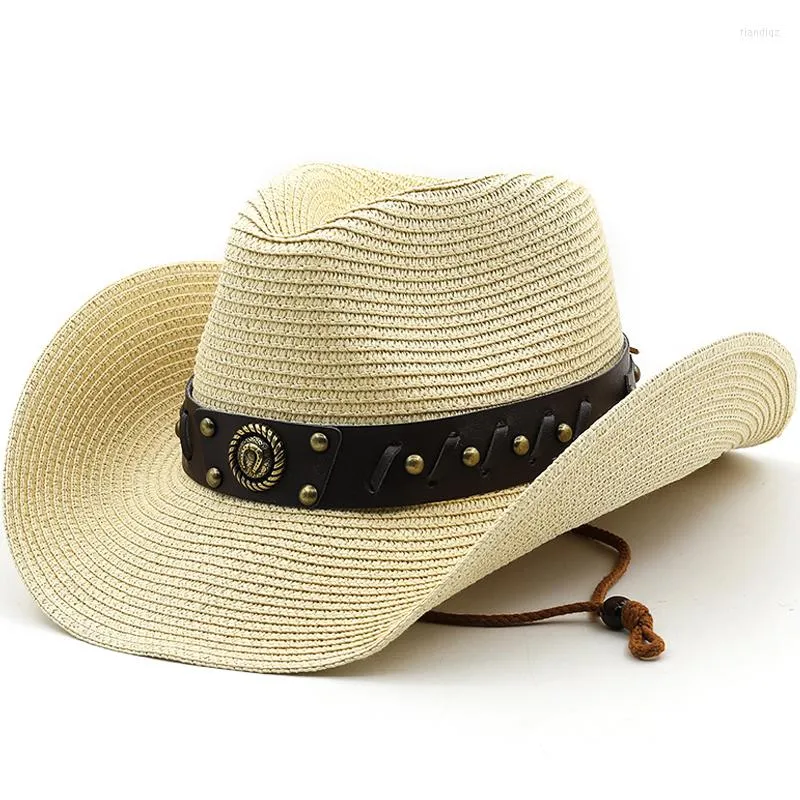 Bergen einfache Cowboyhut -Männer Sonnenweite Krempe Fedora Belt Dekorieren Strandstroh für Männer UV -Schutz Cap Chapeau Femme