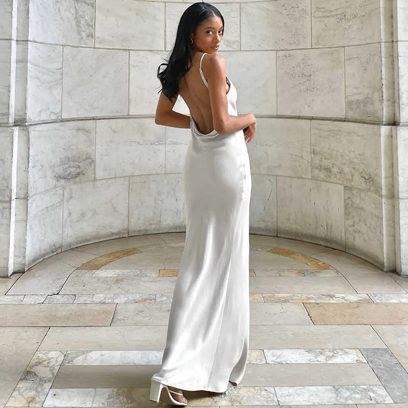 navy blue dress for baby girl White Satin Backless Maxi Dress | Womens | Medium (Available in XXS, XS, S, L, Xl) | 100% Polyester main image 0