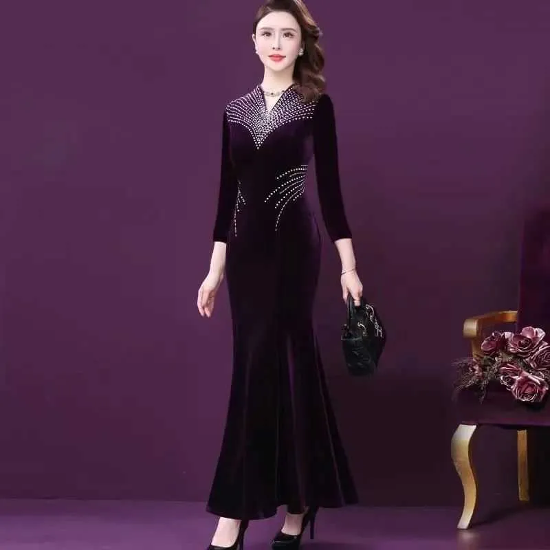 Partykleider Frauen Bankett Maxi Abendkleid Velvet Ladies Langes Kleid Frauen Hand gestickte Perlen Luxus Grace Plus Größe Sommer Herbst T220930