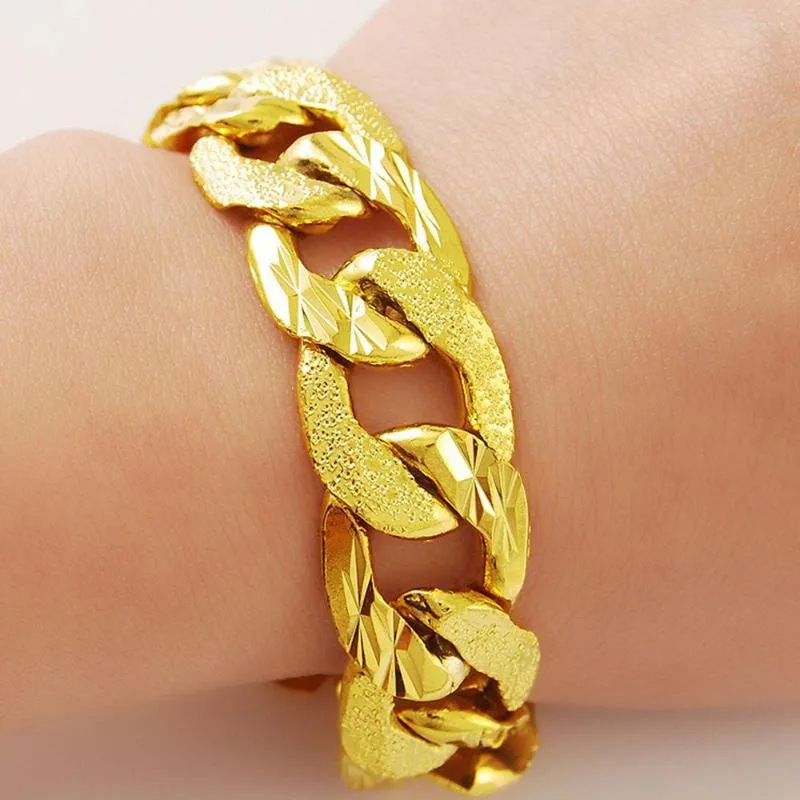 Link Bracelets 15mm Thich Mens Wristband Chain Yellow Gold Filled Carved Curb Bracelet Solid Fashion Male Jewelry Gift Drop