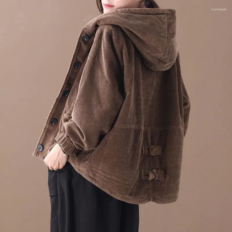 女性の毛皮の秋と冬の服2022韓国韓国のルーズ大きな文学レトロフード付きディスクボタンコーデュロイコットンジャケット