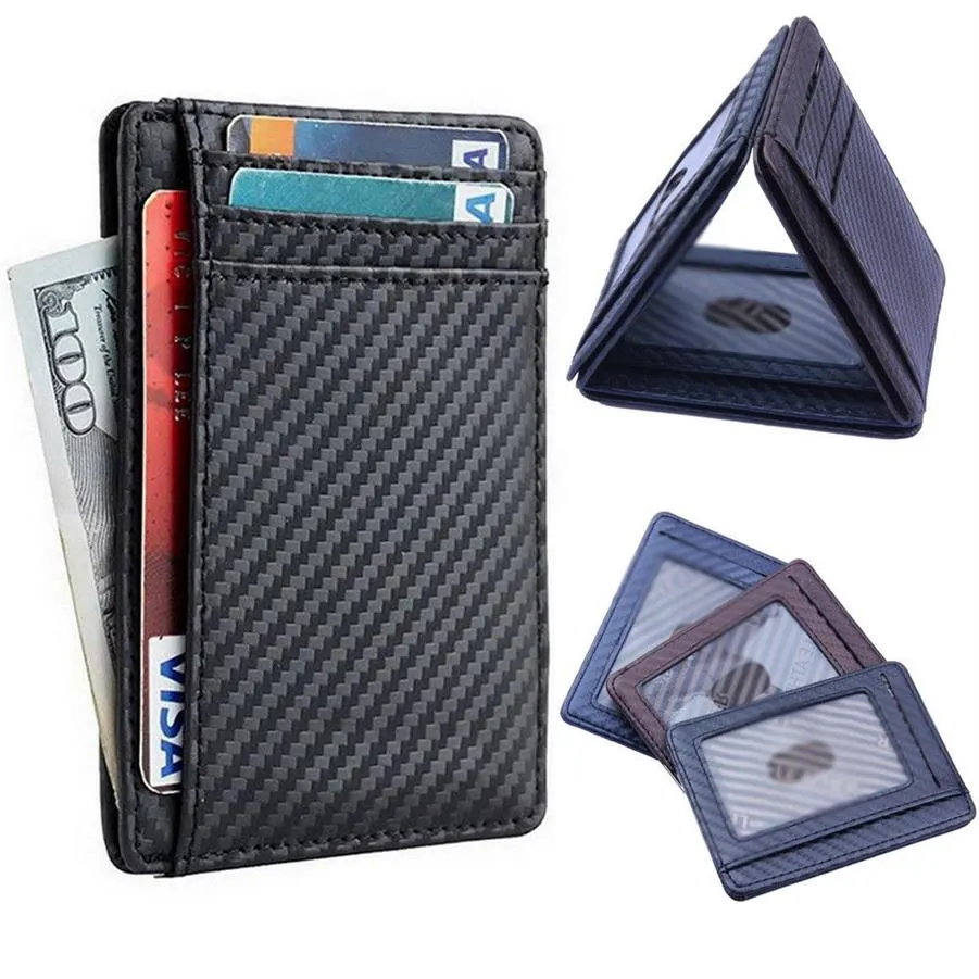 Slim Carbon Fiber Leather Mens Wallet Card Holder Black Blue Brown