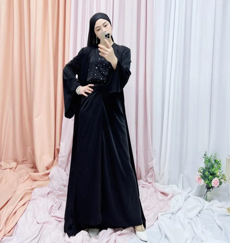 エスニック服eid3ピース女性イスラム教徒セットヒジャーブ七面鳥の衣装オープンアバヤ着物スリップドレスラップフロントマキシスカートドバイサウジアラビイスラム
