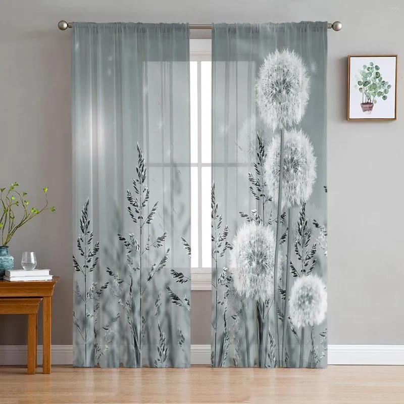 Curtain Plant Grey Dandelion Tulle Curtains For Living Room Drapes Window Sheer Modern Bedroom Decor