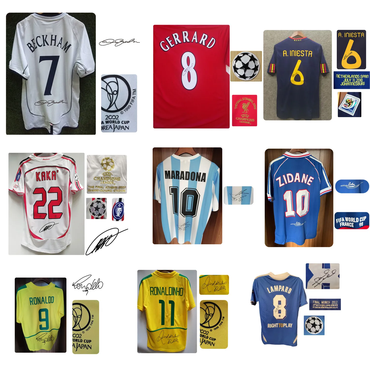 American College Football Wear 모든 슈퍼 스타 서명 저지 Maradona Baggio Beckham 시그니처 셔츠 Retro Kaka Gerrard Lampard Ronaldo 클래식 빈티지 유니폼