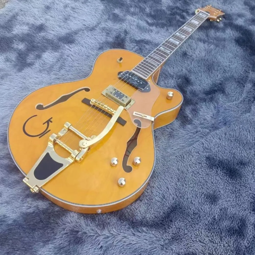 Jazz Electric Guitar Semi-Hollow Maple Body Gold Hardware Treomolo Yellow