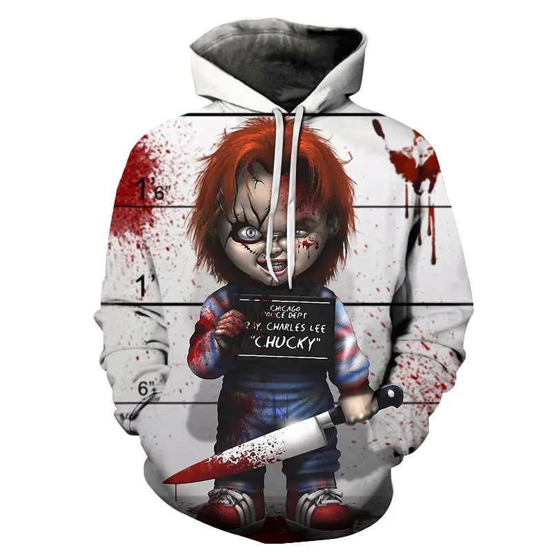 Tema Kostümü 3D Korku Cosplay Hayalet Bebek Baskı Hoodie Erkekler ve Kadınlar İçin Çift Çakık Cadılar Bayramı Korku Sokağı Serin Ceket