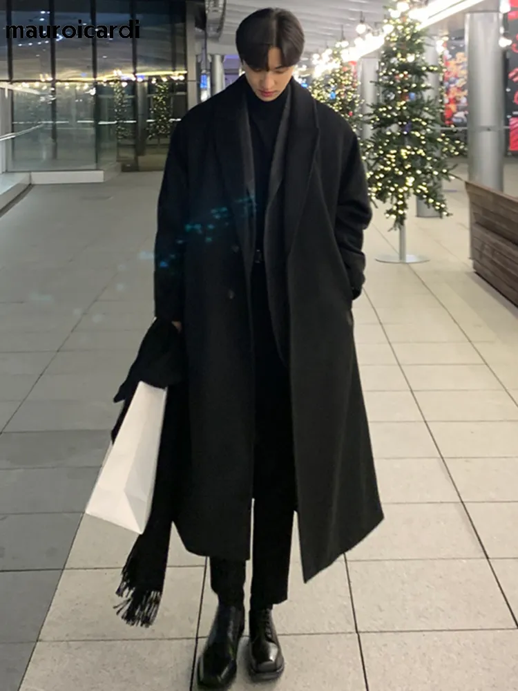 يمزج الصوف للرجال Mauroicardi الخريف الشتاء الطويل Long Lose Black Black Brown Wool Wool Blends Trench Coat Men Dehully Breadted Corean Fashion 220930