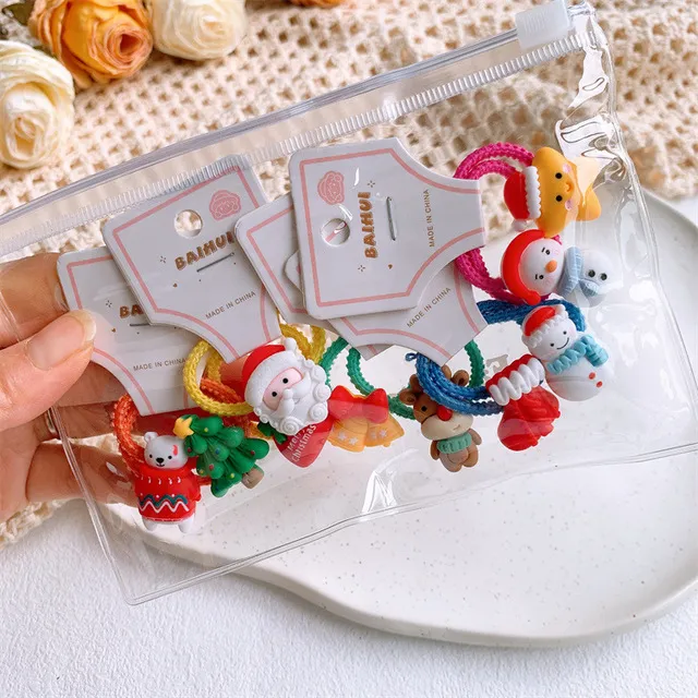 2022 New Fashion Sweet Girl Princess Ponytail Headwear Children's Christmas Cartoon Deer Bell Snowman Rubber Band Hair Rope