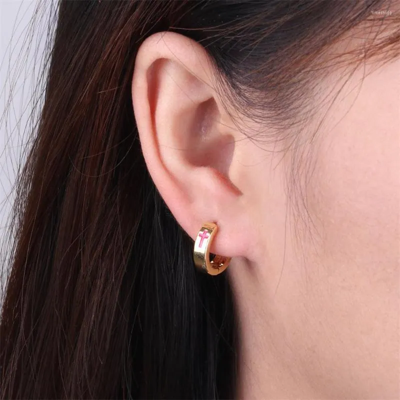 Pendientes de aro minimalistas de cobre chapado en oro de alta calidad para mujer, joyería de moda esmaltada con Cruz geométrica Simple