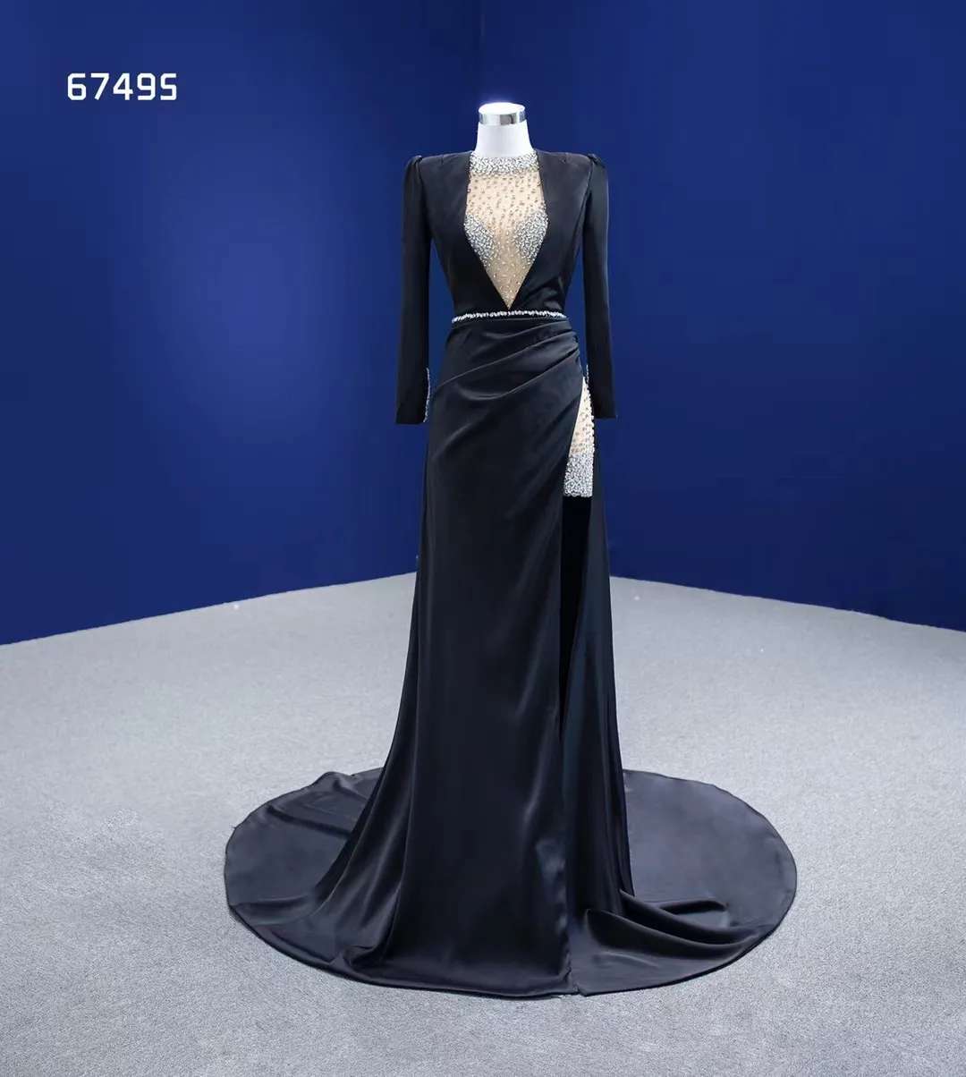 Speciellt tillfälle klänning Deep V-hals Black Side Split Party Långärmad kristall Elegant aftonklänning SM67495